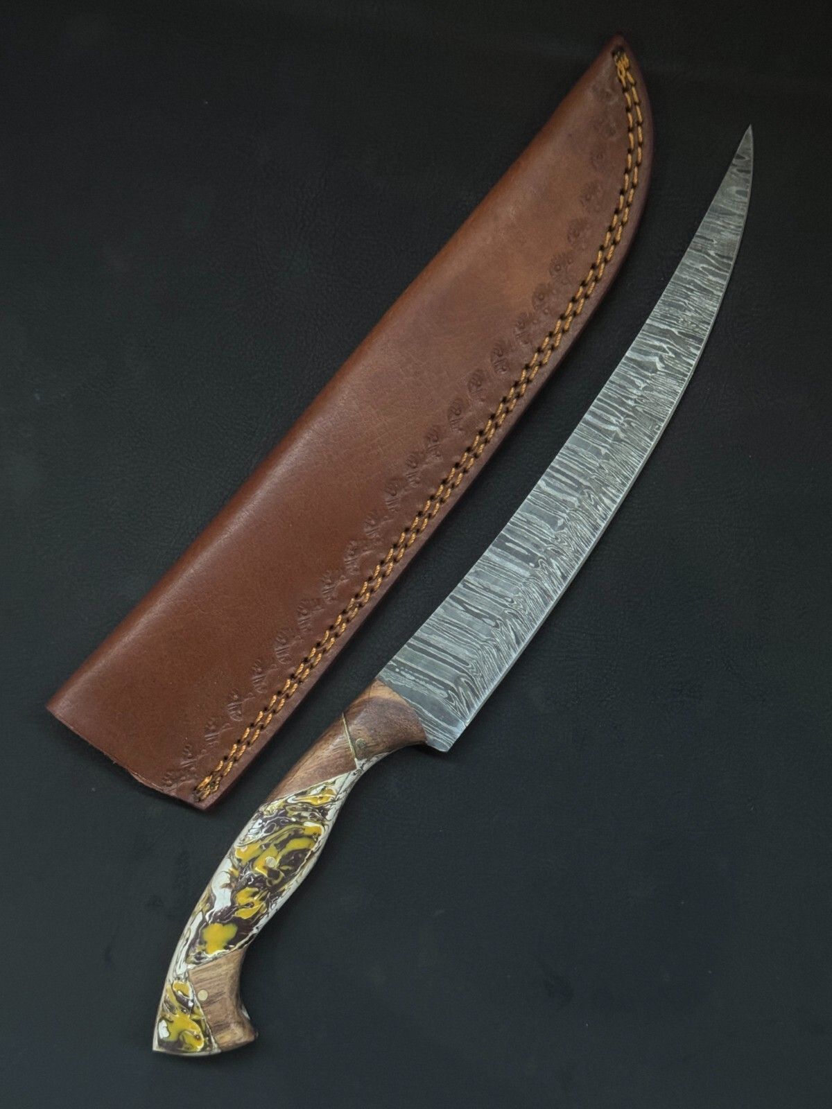13" Damascus Fillet Knife Handmade Custom Fillet Knife with Resin & Wood Handle