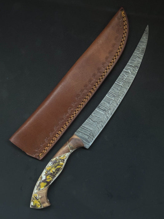 13" Damascus Fillet Knife Handmade Custom Fillet Knife with Resin & Wood Handle