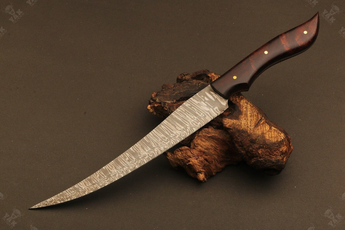 13" Damascus Fishing Knife Hand Forged Fire Damascus Fillet Knife with Leather Sheath