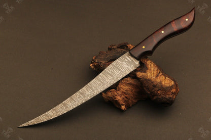 13" Damascus Fishing Knife Hand Forged Fire Damascus Fillet Knife with Leather Sheath