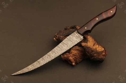 13" Damascus Fishing Knife Hand Forged Fire Damascus Fillet Knife with Leather Sheath