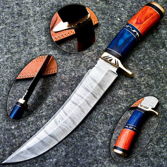 13" Damascus Hunting Bowie Knife – Hardwood Handle | Full Tang with Sheath