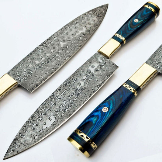 13" Damascus Kitchen Chef Knife – Handmade Cooking Knife – Premium Quality Oak Handle & Leather Sheath