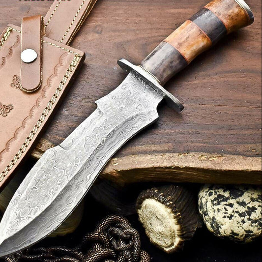 13" Damascus Steel Bowie Knife | Camel Bone Handle