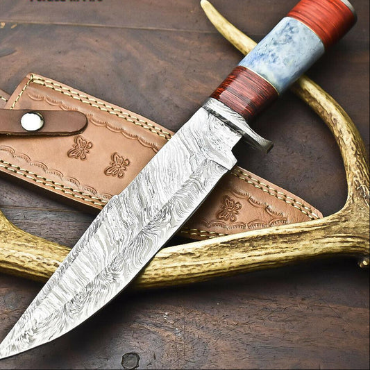  13" Damascus Steel Bowie Knife – Camel Bone Handle | Custom Handmade Hunting Blade