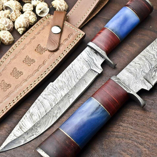 13" Damascus Steel Bowie Knife | Camel Bone Handle & Leather Sheath