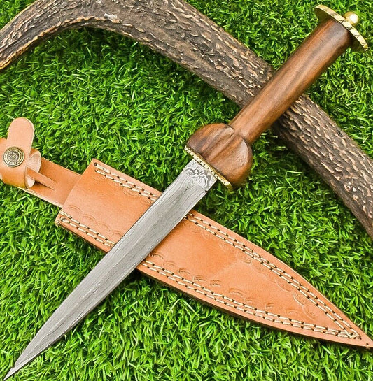 13" Damascus Steel Dagger Bowie Knife – Natural Wood Handle & Brass Bolster