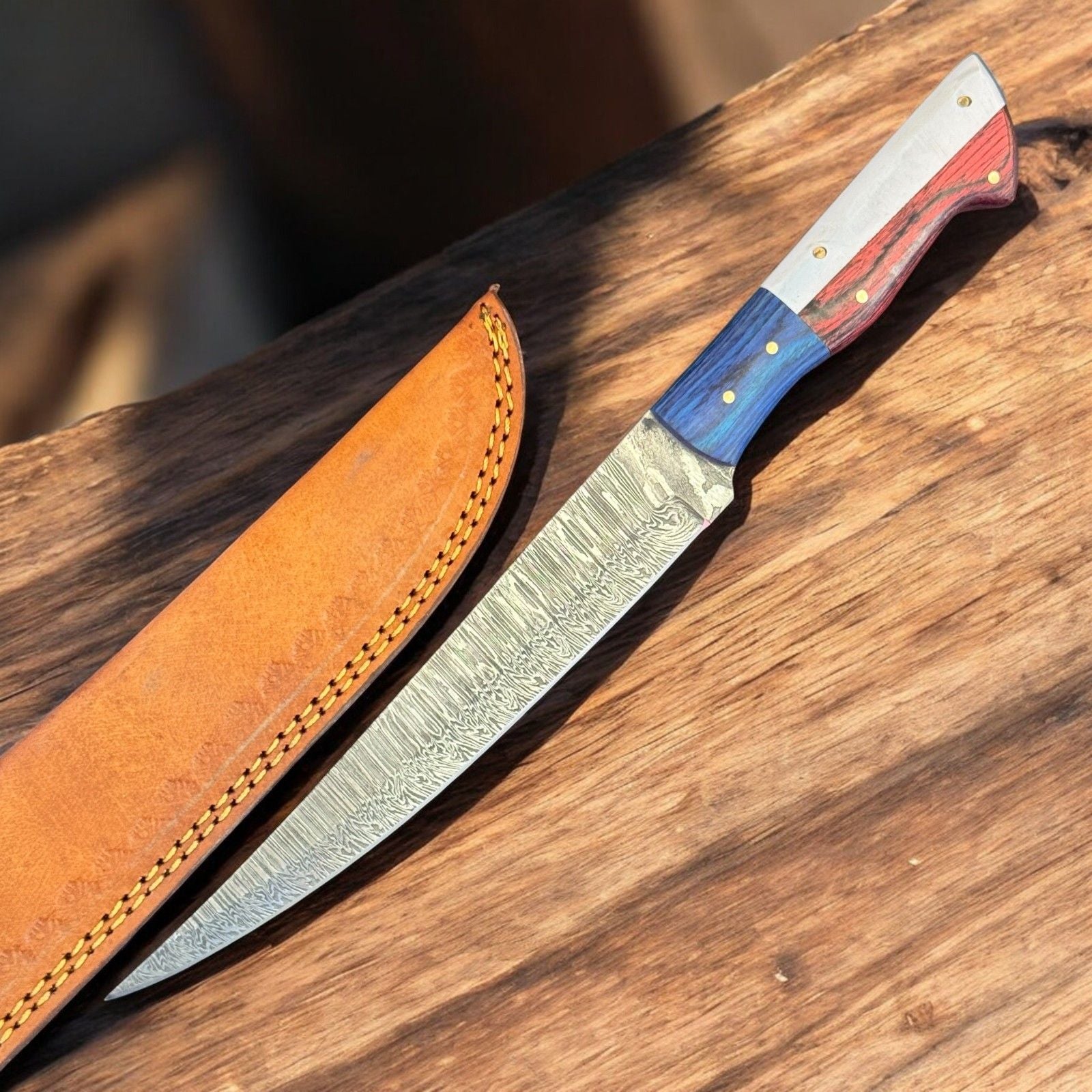 13" Damascus Steel Kitchen Knife Damascus Filleting Knife & Custom Fillet Knife W/Sheath 