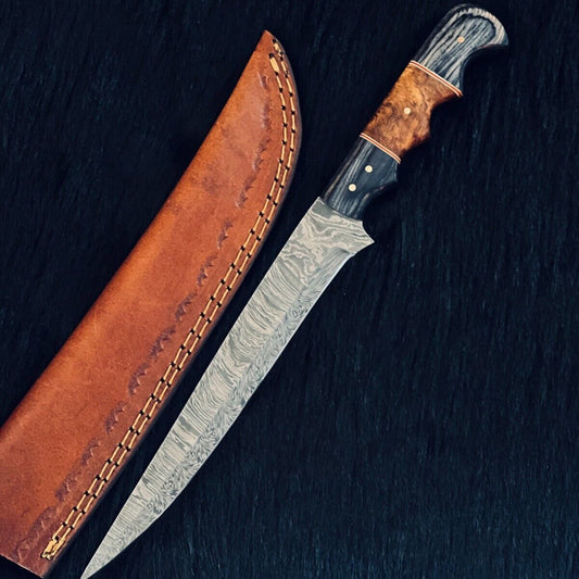 13" Fire Damascus Steel Bowie Knife – Camel Bone & Wood Handle