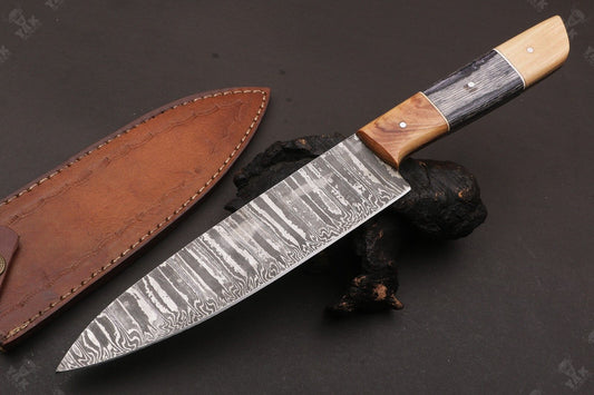 13” Fire Storm Handmade Damascus Steel Chef Knife – Resin Handle, Full Tang 
