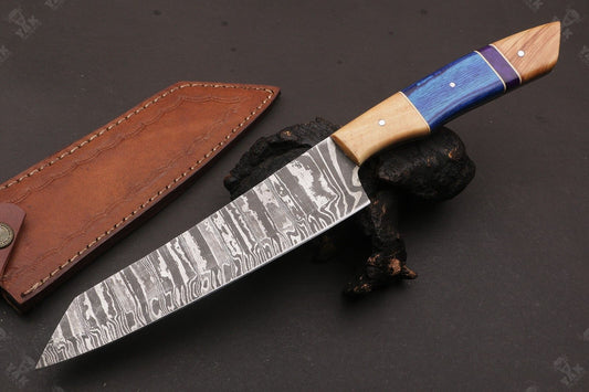 13” Fire Storm Handmade Damascus Steel Chef Knife – Resin Handle with Brass Pins 
