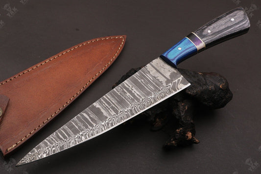 13” Fire Storm Handmade Damascus Steel Chef Knife – Resin Handle with Brass Pins – Made in Pakistan