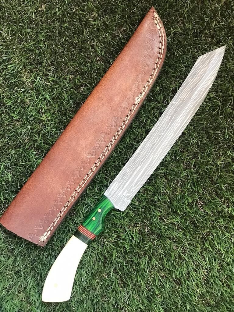 13" HANDMADE DAMASCUS STEEL FILLET KNIFE Custom Fillet Knife With Leather Sheath