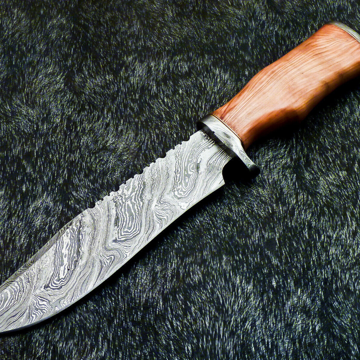 13" Hand-Forged Damascus Bowie Knife | Olive Wood Handle + Leather Sheath