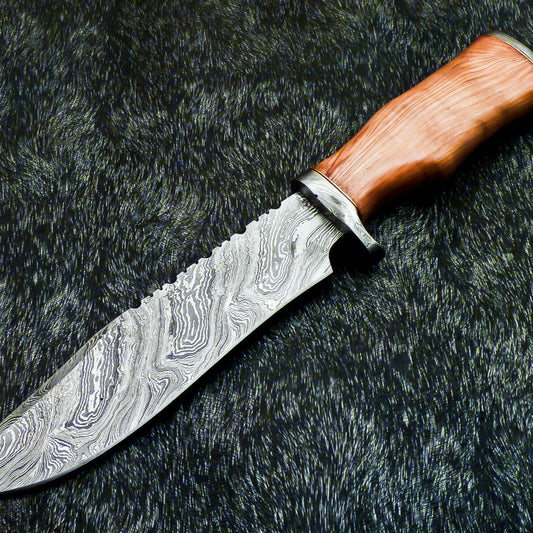 13" Hand-Forged Damascus Bowie Knife | Olive Wood Handle + Leather Sheath