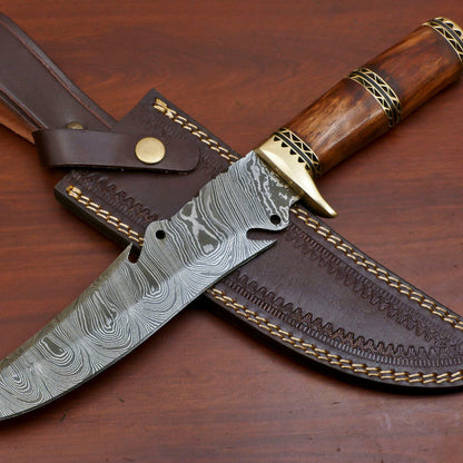 13" Hand-Forged Damascus Bowie Knife – Rosewood Handle with Brass Guard & Leather Sheath