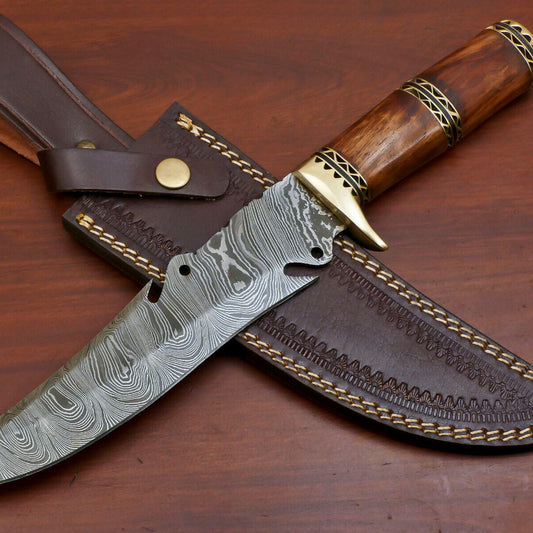 13" Hand-Forged Damascus Bowie Knife – Rosewood Handle with Brass Guard & Leather Sheath