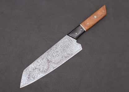 13" Hand-Forged Damascus Steel Kitchen Bunka Chef Knife | Wooden Handle