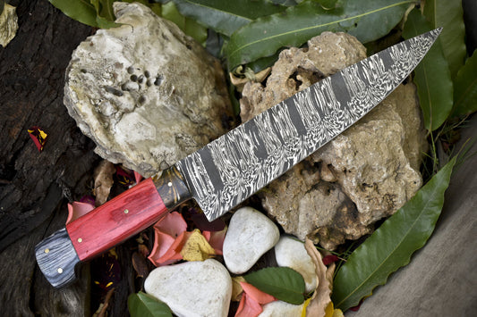 13" Hand-Forged Twist Damascus Chef Knife – Hardwood Handle & Micarta Bolster