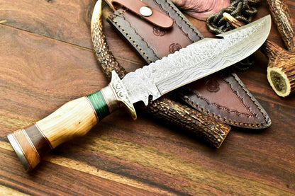 13" Hand Forged Bowie Damascus Steel Knife With Olive Wood Handle & Leather Sheath