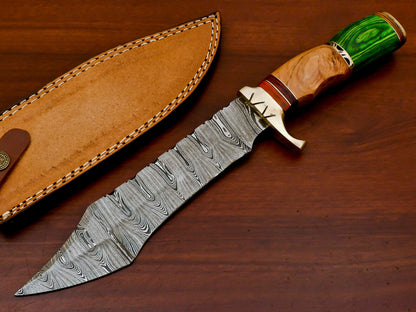 13" Hand Forged Bowie Damascus Steel Knife with Olive & Pakka Wood Handle & Sheath