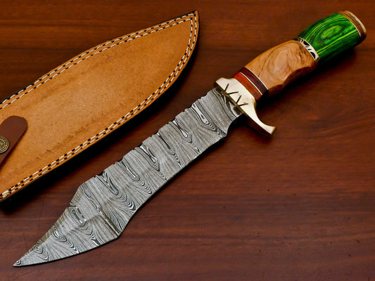 13" Hand Forged Bowie Damascus Steel Knife with Olive & Pakka Wood Handle & Sheath