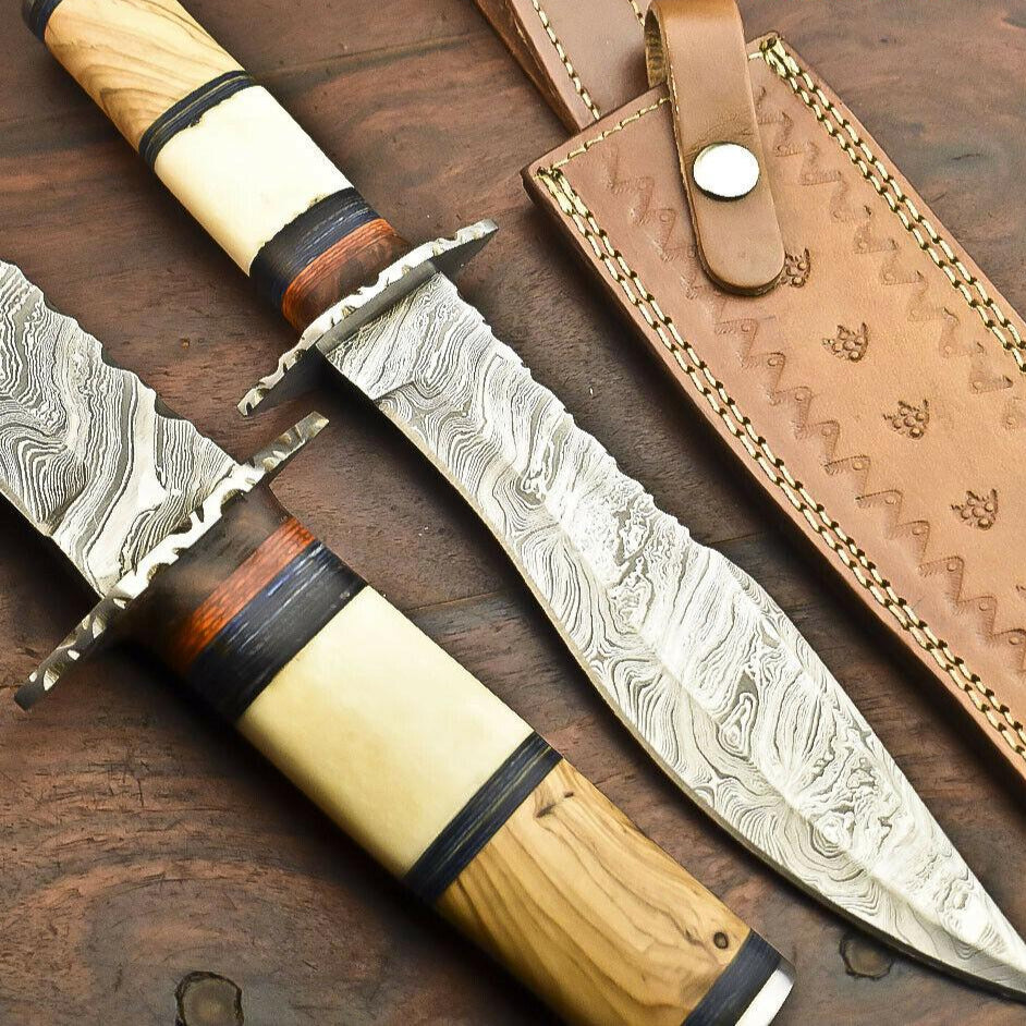 13" Hand Forged Custom Bowie Knife Damascus Steel Knife with Camel Bone Handle & Sheath
