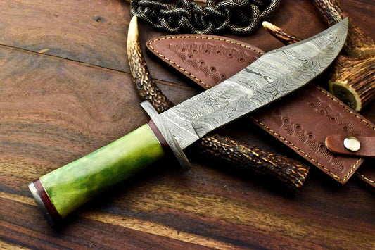 13" Hand Forged Damascus Bowie Knife Damadcus Steel Knife With Camel Bone Handle