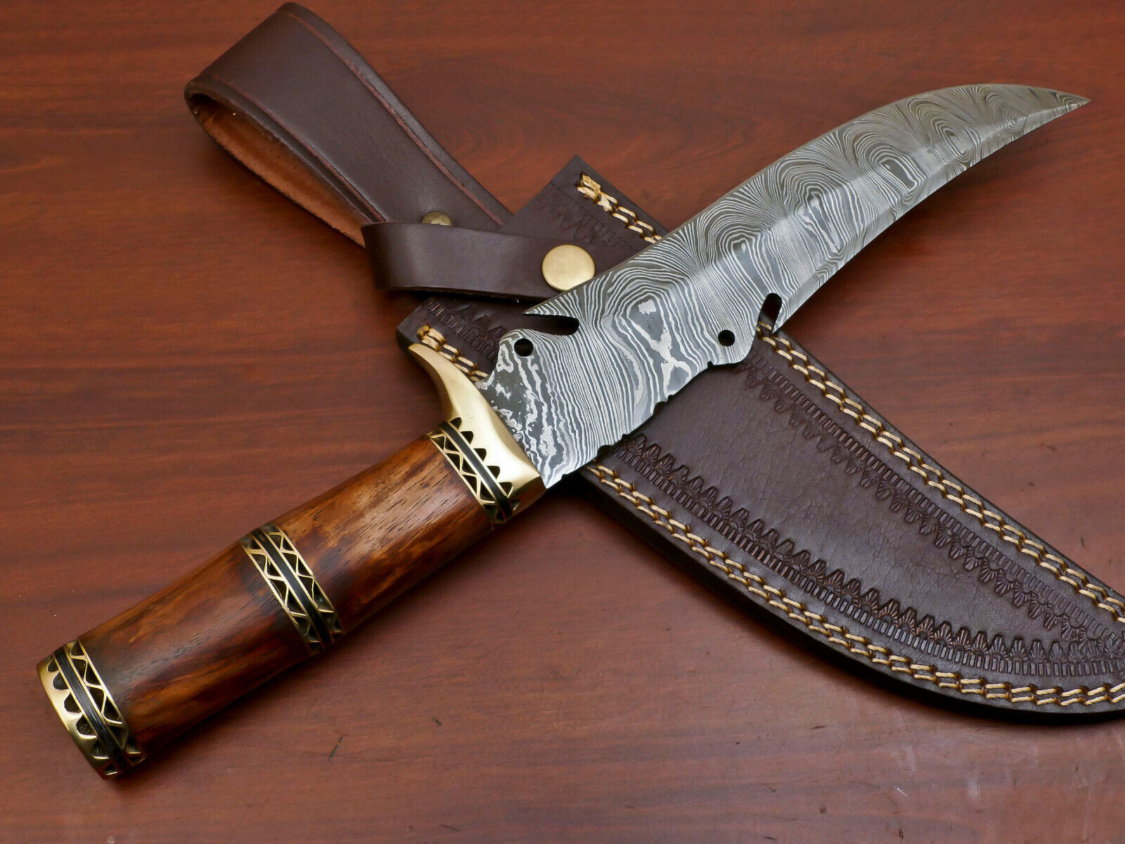 13" Hand Forged Damascus Bowie Knife Damascus Steel Knife With Rosewood Handle & Sheath