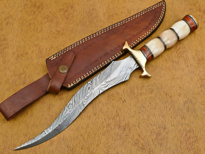 13" Hand Forged Damascus Bowie Knife Damascus Steel Knife with Camel Bone & Pakka Wood Handle 