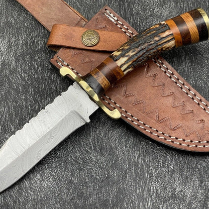 13" Hand Forged Damascus Bowie Knife With Stag Horn and Wood Handle Bowie Knife