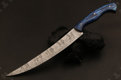 13" Hand Forged Damascus Fillet Knife Fire Fillet Knife with Leather Sheath