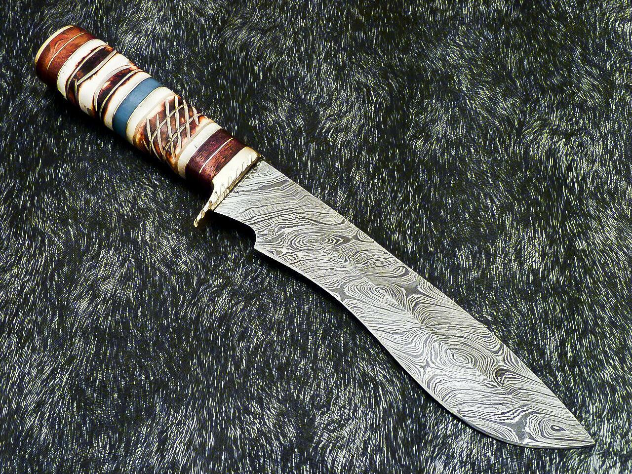 13" Hand Forged Damascus Steel Bowie Knife with Camel Bone,Wood Handle Bowie & Leather Sheath