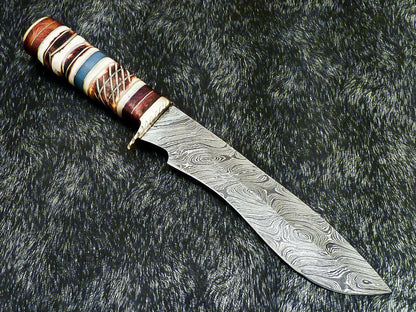13" Hand Forged Damascus Steel Bowie Knife with Camel Bone,Wood Handle Bowie & Leather Sheath
