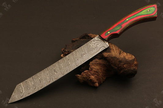 13" Hand Forged Ladder Damascus Steel Brisket Fillet Knife for Kitchen, Chef & Hunting