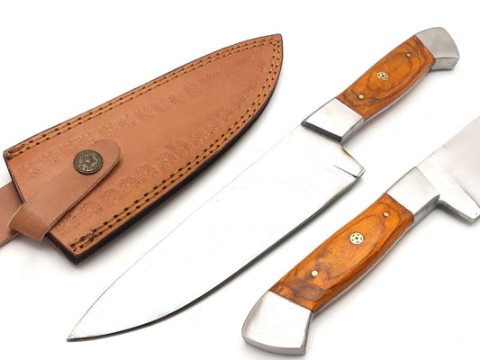 13" Hand Forged Stainless Steel Chef Knife with Koa Wood Handle & Leather Sheath – Kitchen Cooking Knife