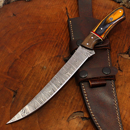 13" Hand forged Damascus Fillet Knife Custom Fillet Knife With Pakka Wood Handle & Sheath