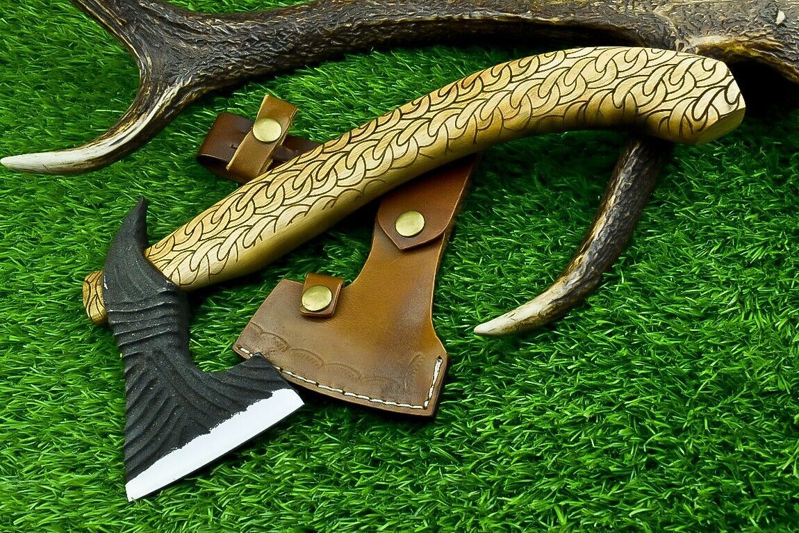 13” Handmade Carbon Steel Axe Bearded Hatchet with Olive Wood Handle & Leather Sheath