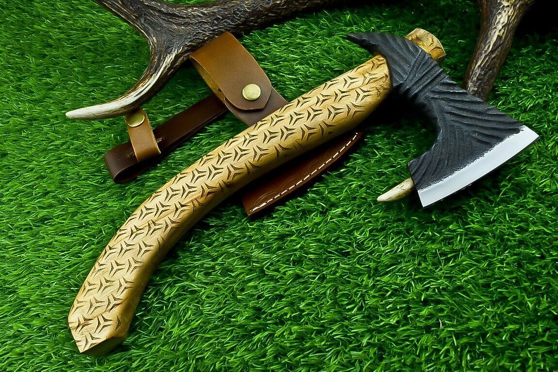 13” Handmade Carbon Steel Axe Viking Bearded Axe with Olive Wood Handle & Sheath