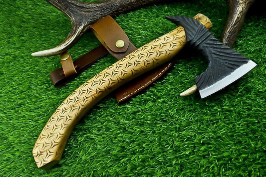 13” Handmade Carbon Steel Axe Viking Bearded Axe with Olive Wood Handle & Sheath