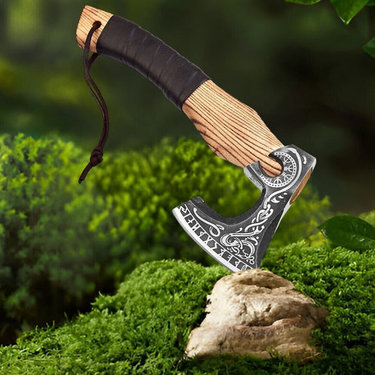 13" Handmade Carbon Steel Axe Viking Bearded Axe with Wooden Handle & Leather Sheath 