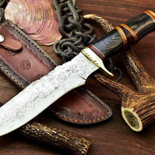 13" Handmade Damascus Bowie Hunting Knife | Hard Wood Handle