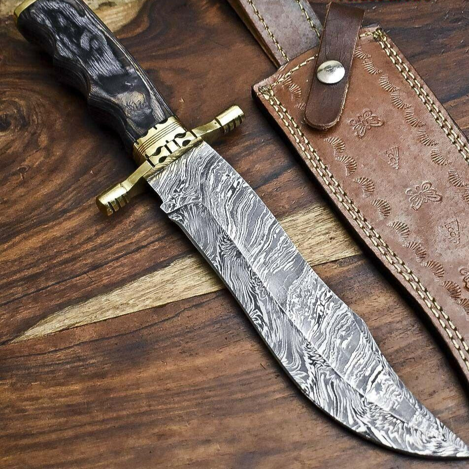 13" Handmade Damascus Bowie Hunting Knife – Hard Wood Handle, Full Tang