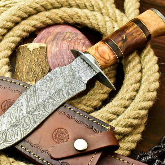 13" Handmade Damascus Bowie Hunting Knife – Olive Wood Handle