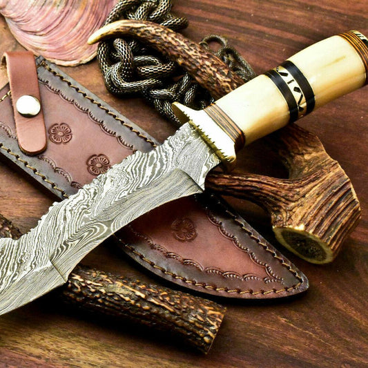 13" Handmade Damascus Bowie Hunting Knife | Stained Camel Bone