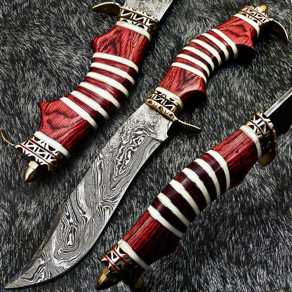 13" Handmade Damascus Bowie Hunting Knife with Hard Wood Handle