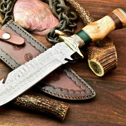 13" Handmade Damascus Bowie Hunting Knife with Olive Wood Handle