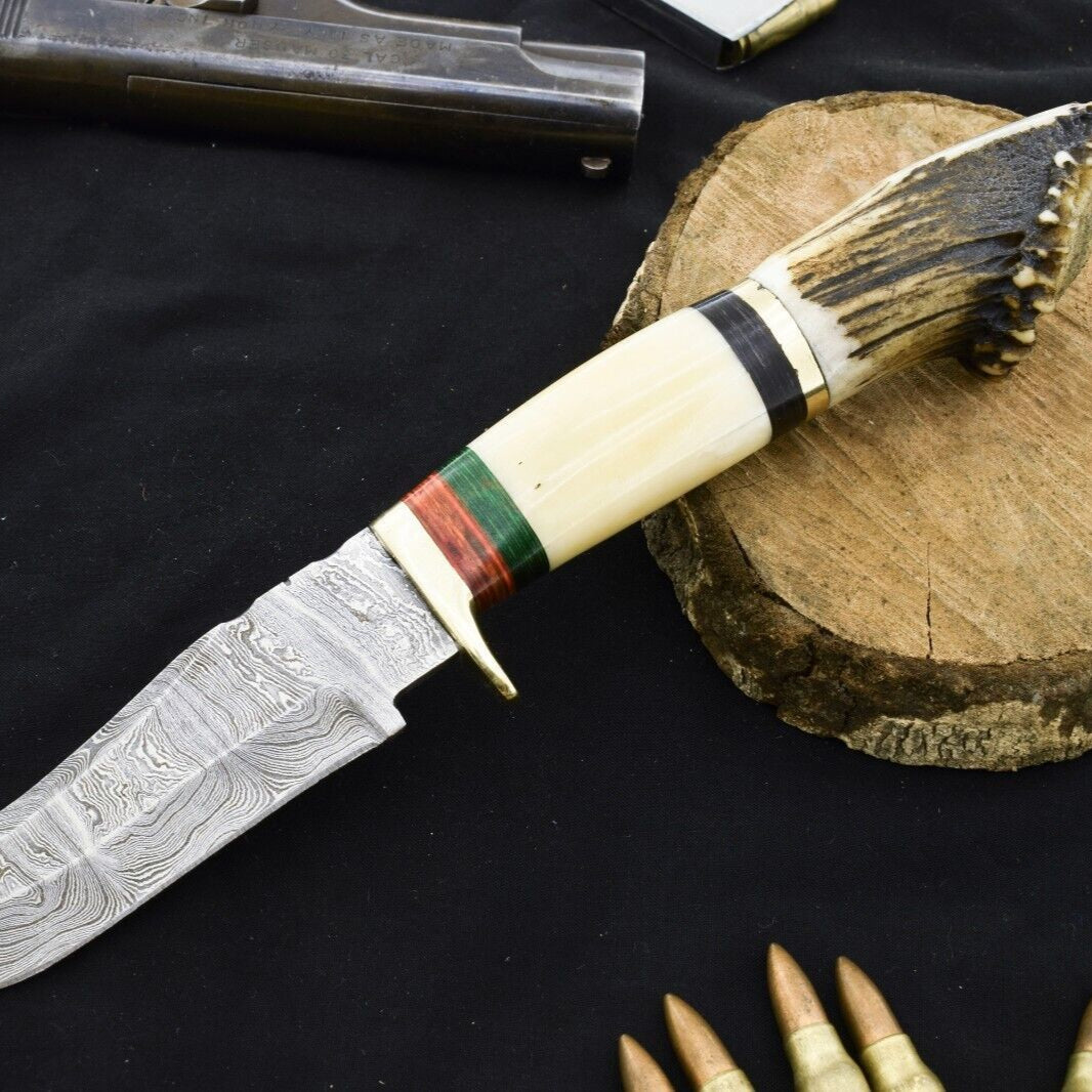 13"Handmade Damascus Bowie Knife Best Hunting Knife With Stag and Camel Bone Handle
