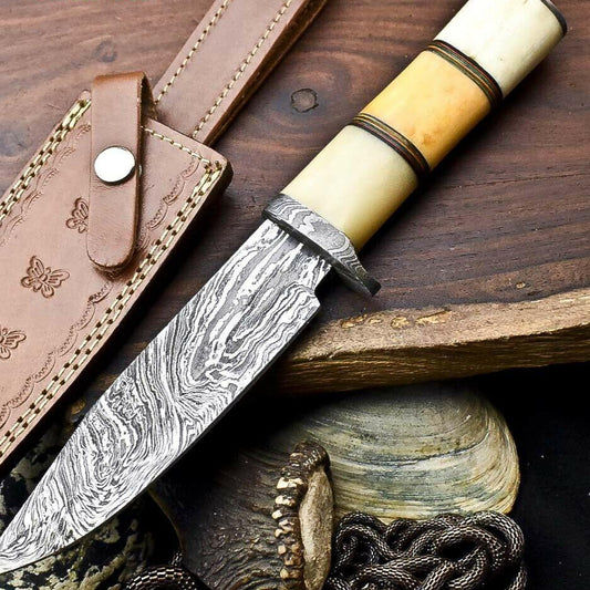  13" Handmade Damascus Bowie Knife – Camel Bone Handle