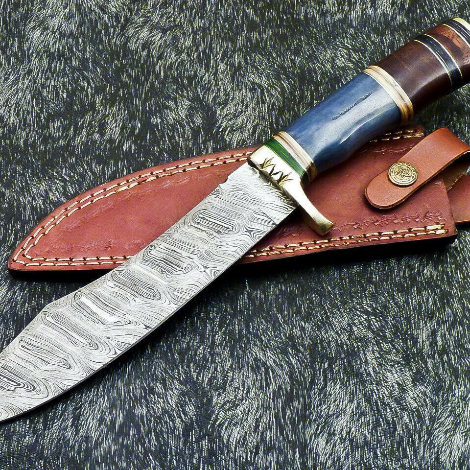 13” Handmade Damascus Bowie Knife | Camel Bone Handle & Leather Sheath